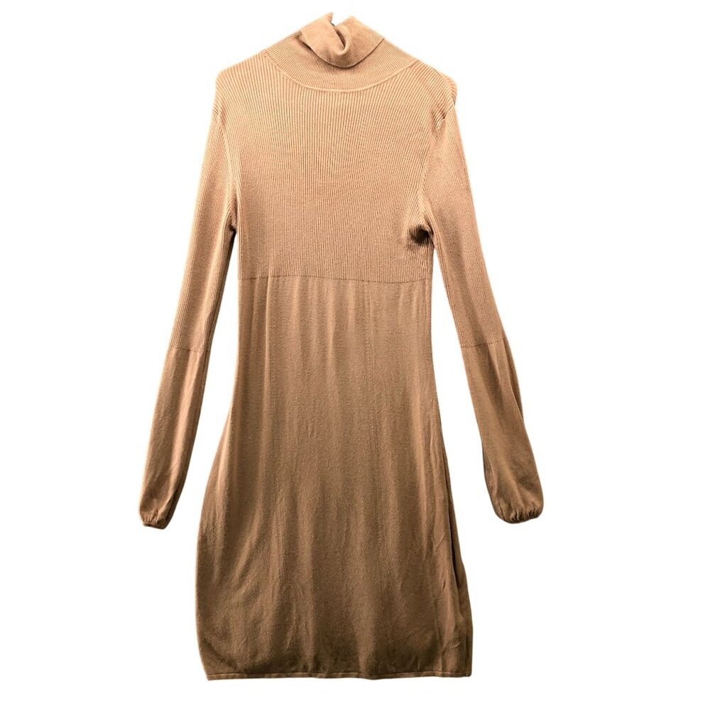 BCBGMaxazria Turtleneck Sweater Dress Womens M Tan Midi Long Sleeve Stretch
